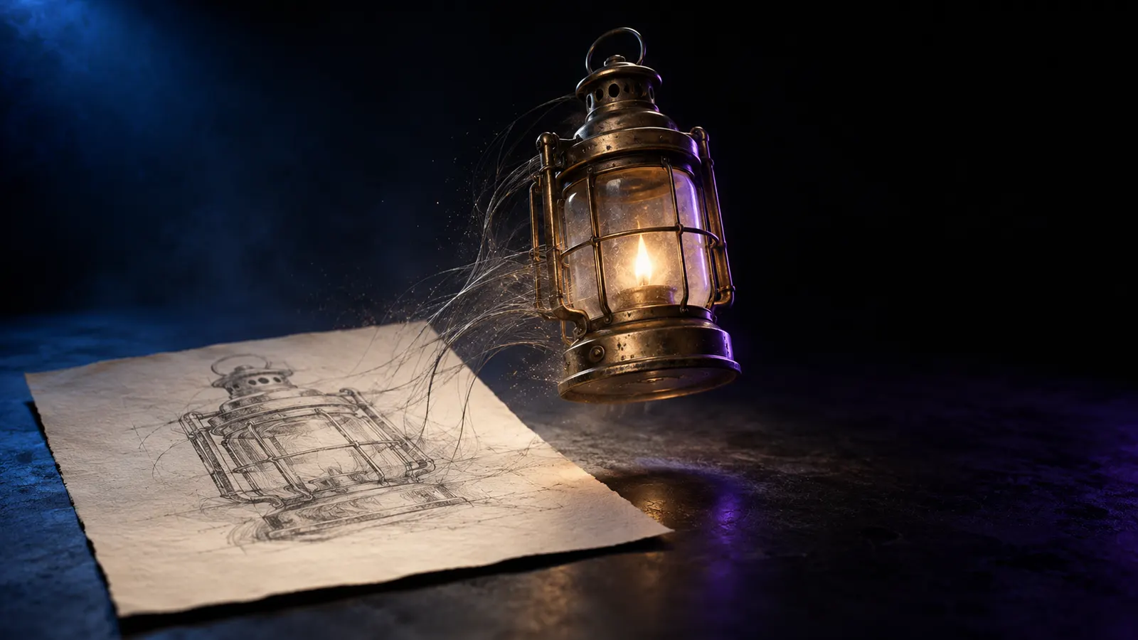 A pencil sketch of a brass lantern on paper, with the same lantern rising off the page as a solid, lit object