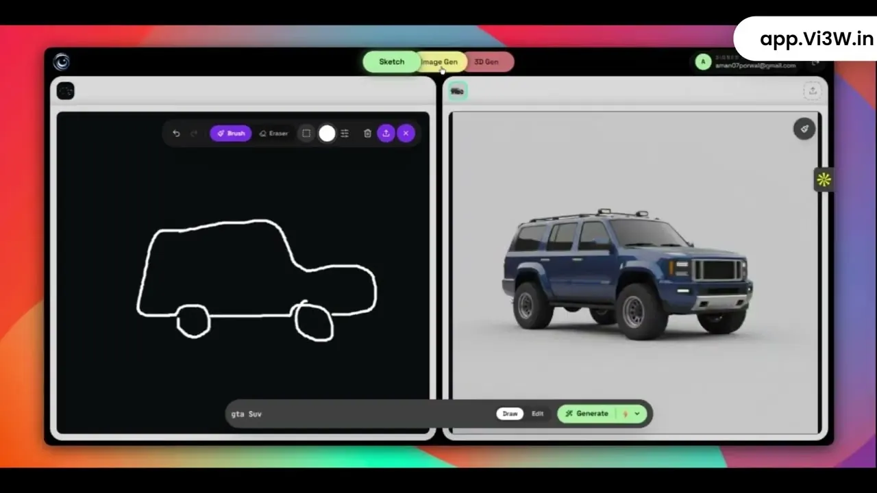 The Vi3W editor turning a hand-drawn SUV sketch into a textured 3D model